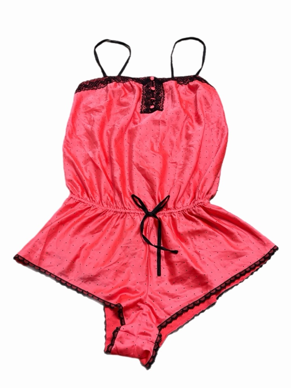 Y2K European Vintage Boux Avenue Polka Dot Satin Teddy Romper (Peach/Black) M